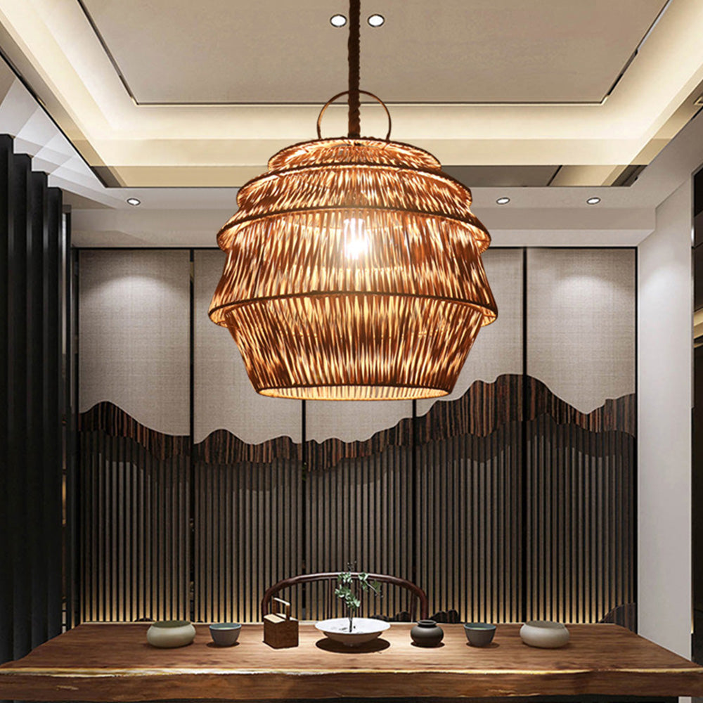 Handcrafted Pagoda Shape Rattan Pendant Light