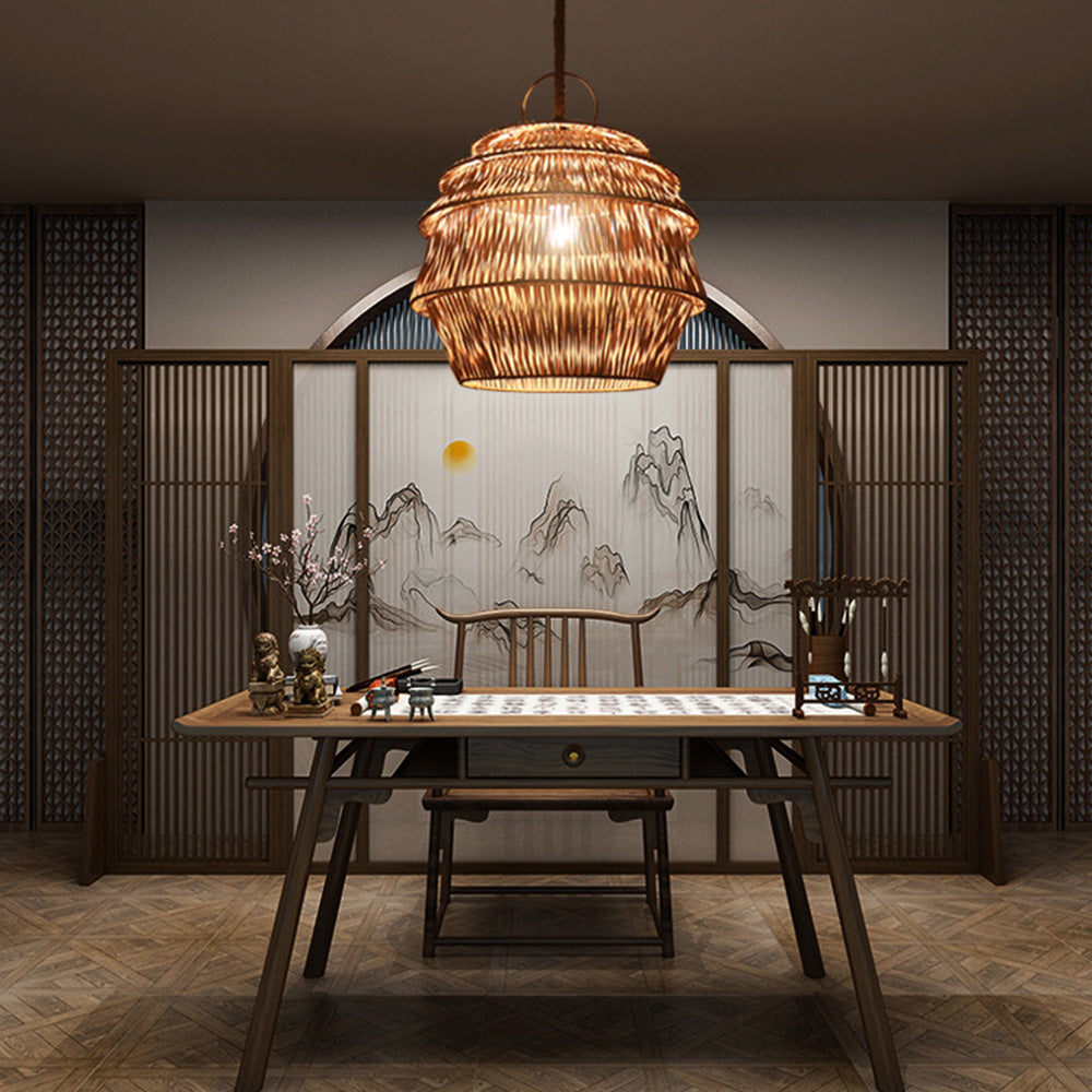 Handcrafted Pagoda Shape Rattan Pendant Light