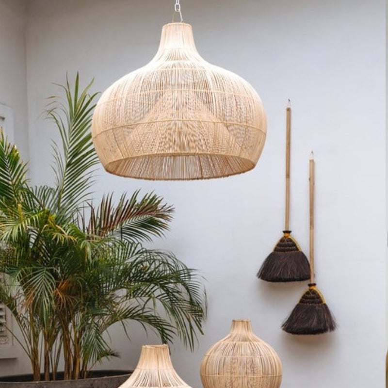 Boho Wicker Handwoven Rattan Pendant Lights Over Island