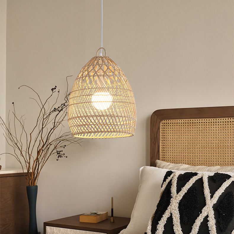 Handmade 1-Light Rattan Cage Basket Pendant Light Wicker Lampshade