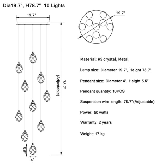 Luxury diamond crystal chandelier for staircase, living space , stairwell