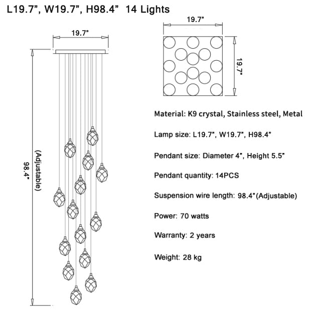 Luxury diamond crystal chandelier for staircase, living space , stairwell