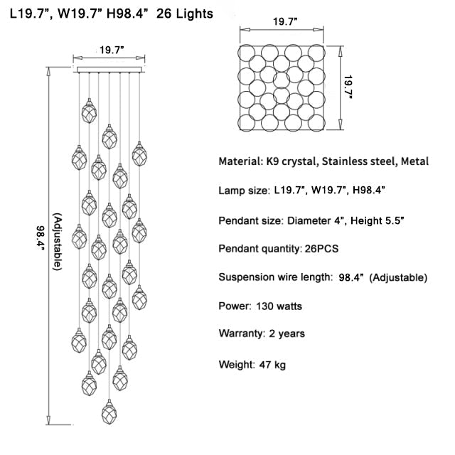 Luxury diamond crystal chandelier for staircase, living space , stairwell
