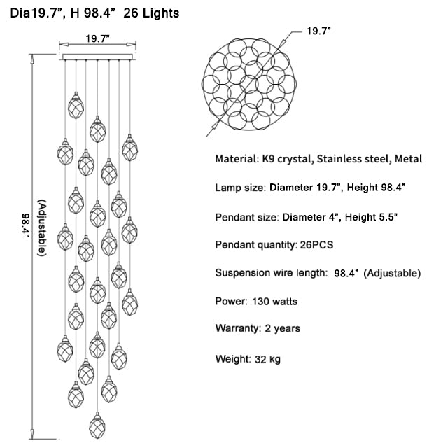 Luxury diamond crystal chandelier for staircase, living space , stairwell
