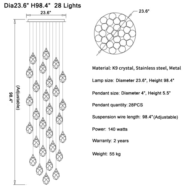 Luxury diamond crystal chandelier for staircase, living space , stairwell