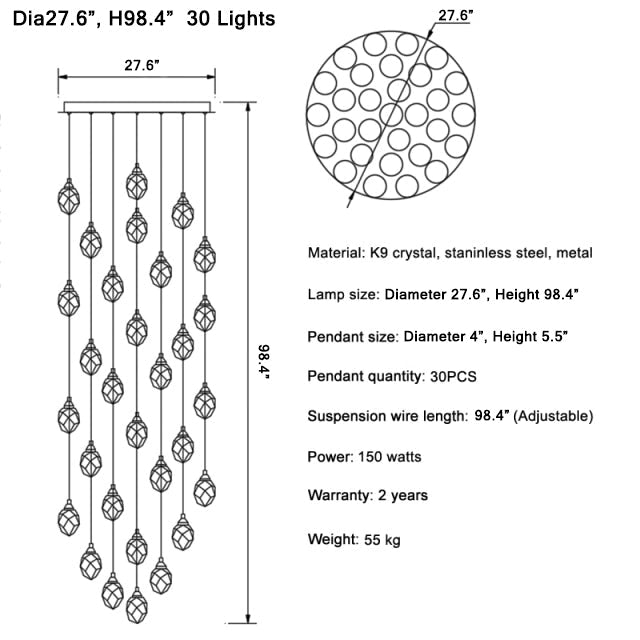 Luxury diamond crystal chandelier for staircase, living space , stairwell