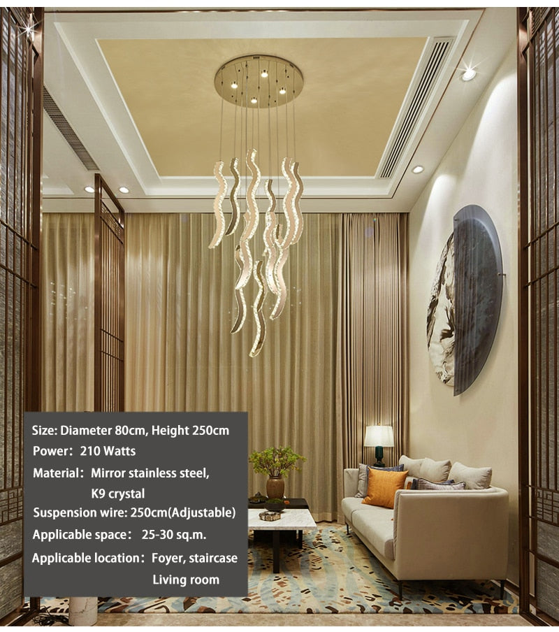 Crystal wave light fixture for staircase, hall, dining room , stairwell