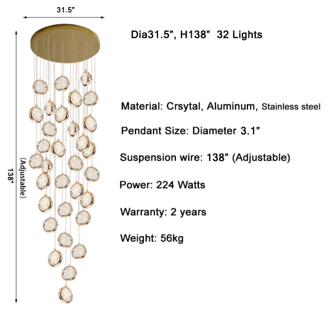 Hanging crystal light fixture for staircase, living room, lobby , stairwell