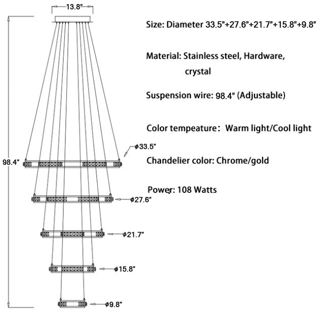 Luxury ring LED chandelier for staircase, foyer, living space , stairwell