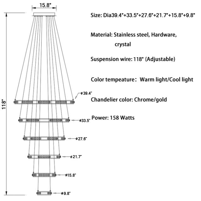 Luxury ring LED chandelier for staircase, foyer, living space , stairwell