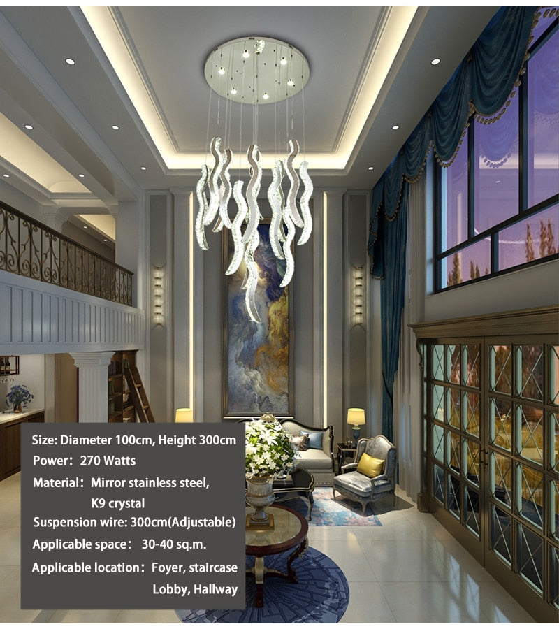 Crystal wave light fixture for staircase, hall, dining room , stairwell