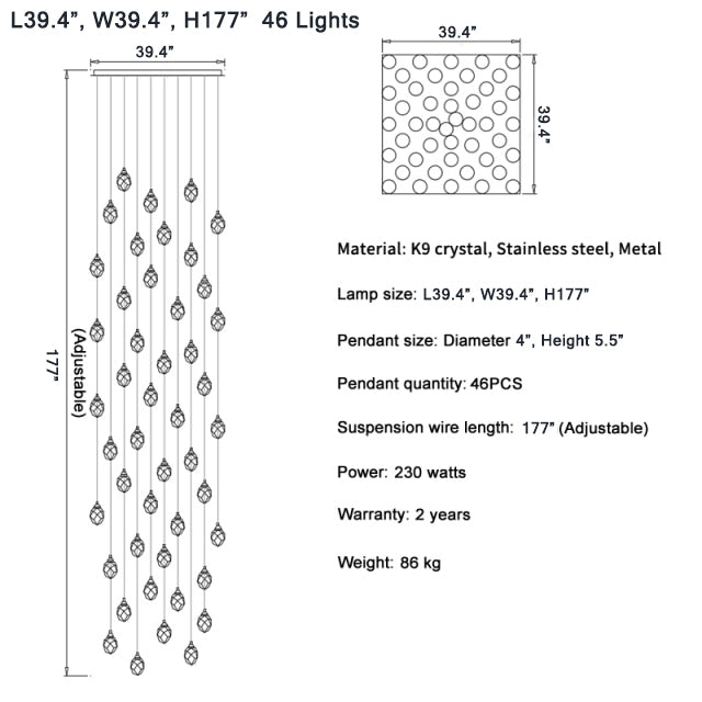 Luxury diamond crystal chandelier for staircase, living space , stairwell