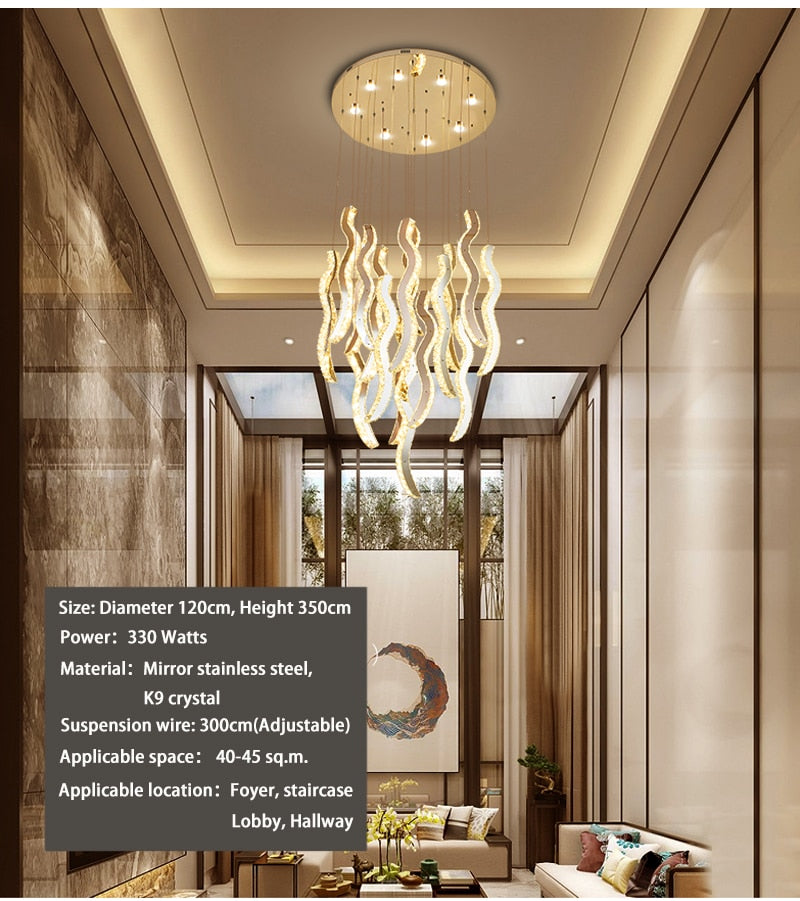 Crystal wave light fixture for staircase, hall, dining room , stairwell