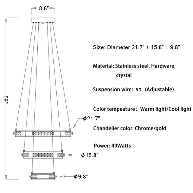 Luxury ring LED chandelier for staircase, foyer, living space , stairwell