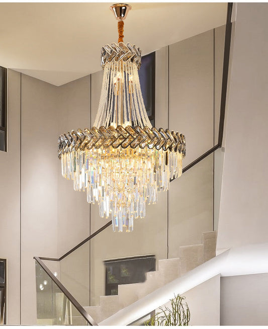 Large crystal lamp for staircase, lobby, living space, stairwell. Luxury loft chandelier