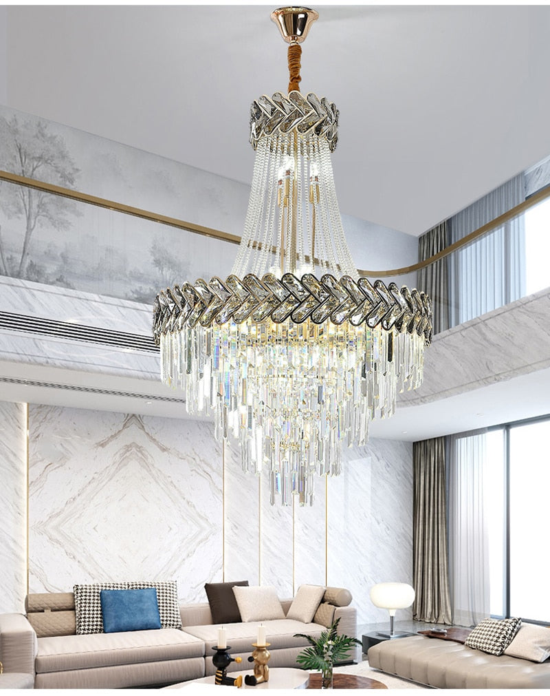 Large crystal lamp for staircase, lobby, living space, stairwell. Luxury loft chandelier