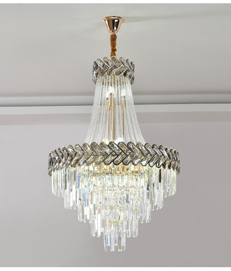 Large crystal lamp for staircase, lobby, living space, stairwell. Luxury loft chandelier