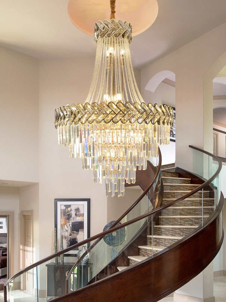Large crystal lamp for staircase, lobby, living space, stairwell. Luxury loft chandelier