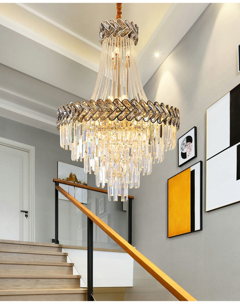 Large crystal lamp for staircase, lobby, living space, stairwell. Luxury loft chandelier
