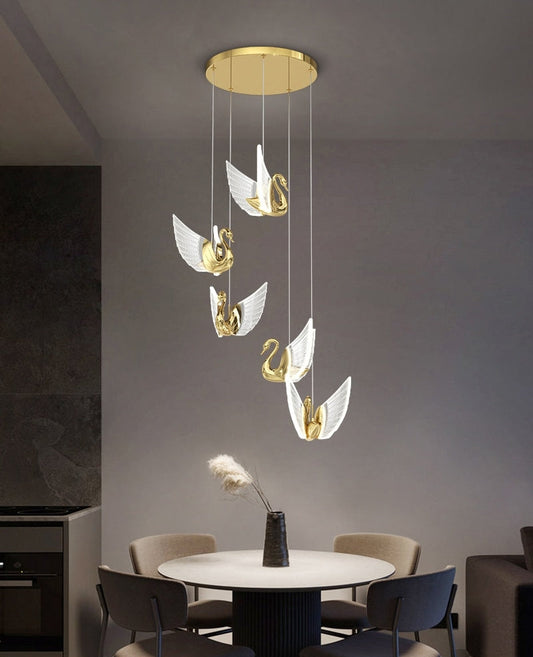 Swan Design Home Decor Lighting Gold Acrylic Staircase Chandelier For Stairwell