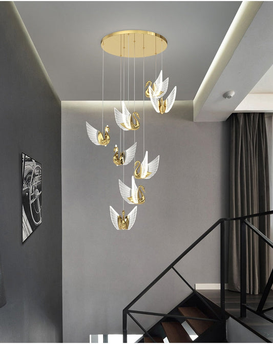 Swan Design Home Decor Lighting Gold Acrylic Staircase Chandelier For Stairwell