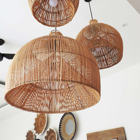 Boho Wicker Handwoven Rattan Pendant Lights Over Island