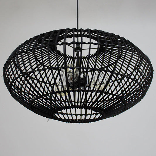 Ellipse-shaped Rattan Pendant Light Handmade Three Light Rustic Lighting