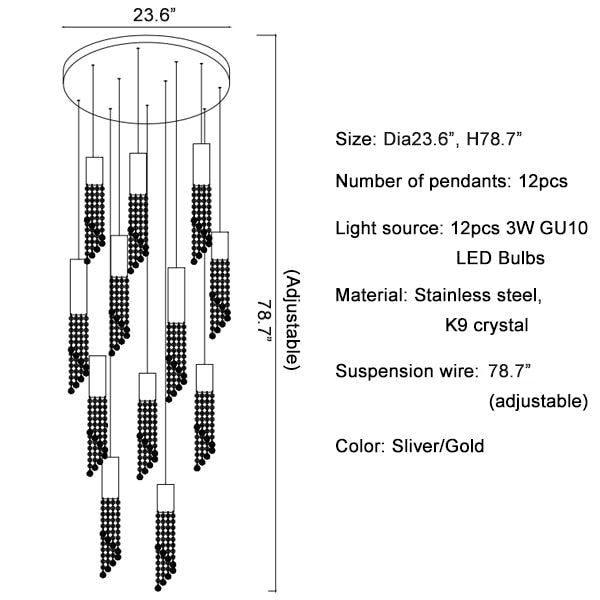 Hanging crystal light fixture for lobby, staircase, loft, lobby, stairwell