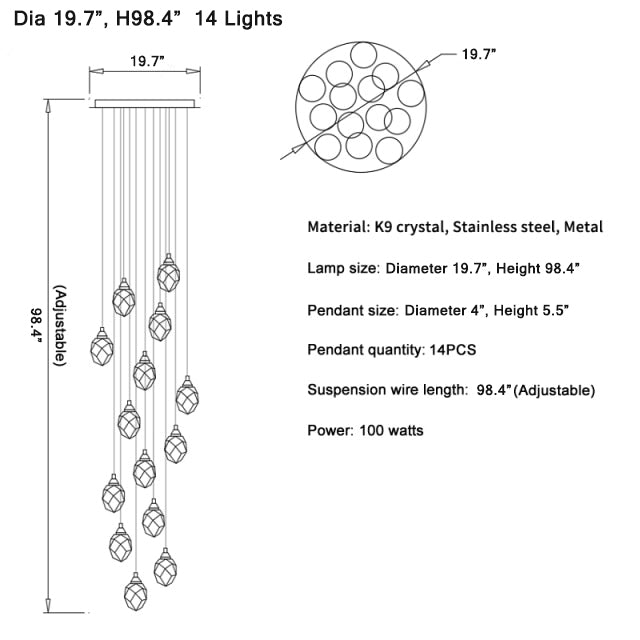 Luxury diamond crystal chandelier for staircase, living space , stairwell