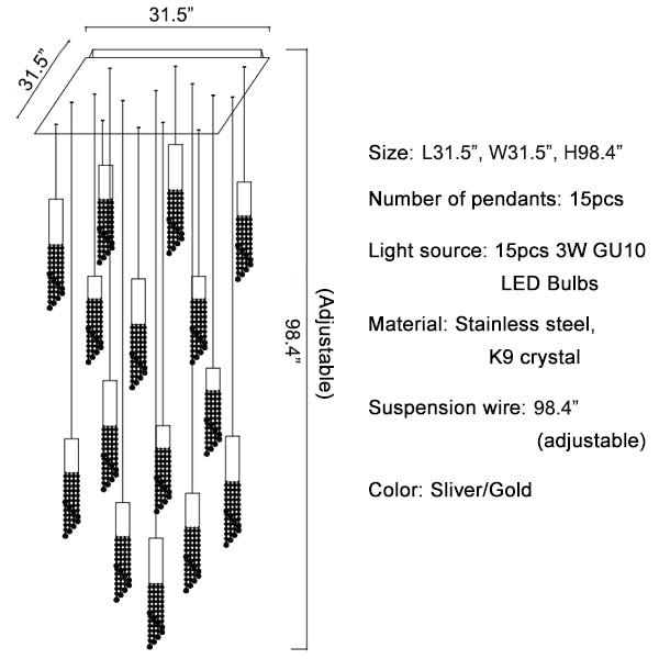 Hanging crystal light fixture for lobby, staircase, loft, lobby, stairwell