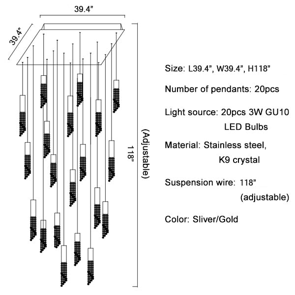 Hanging crystal light fixture for lobby, staircase, loft, lobby, stairwell
