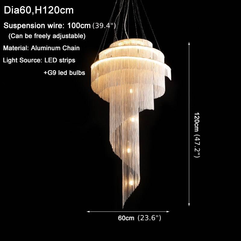 Luxury Silver/Gold Long Chain Chandelier For Staircase, Lobby, Hallway