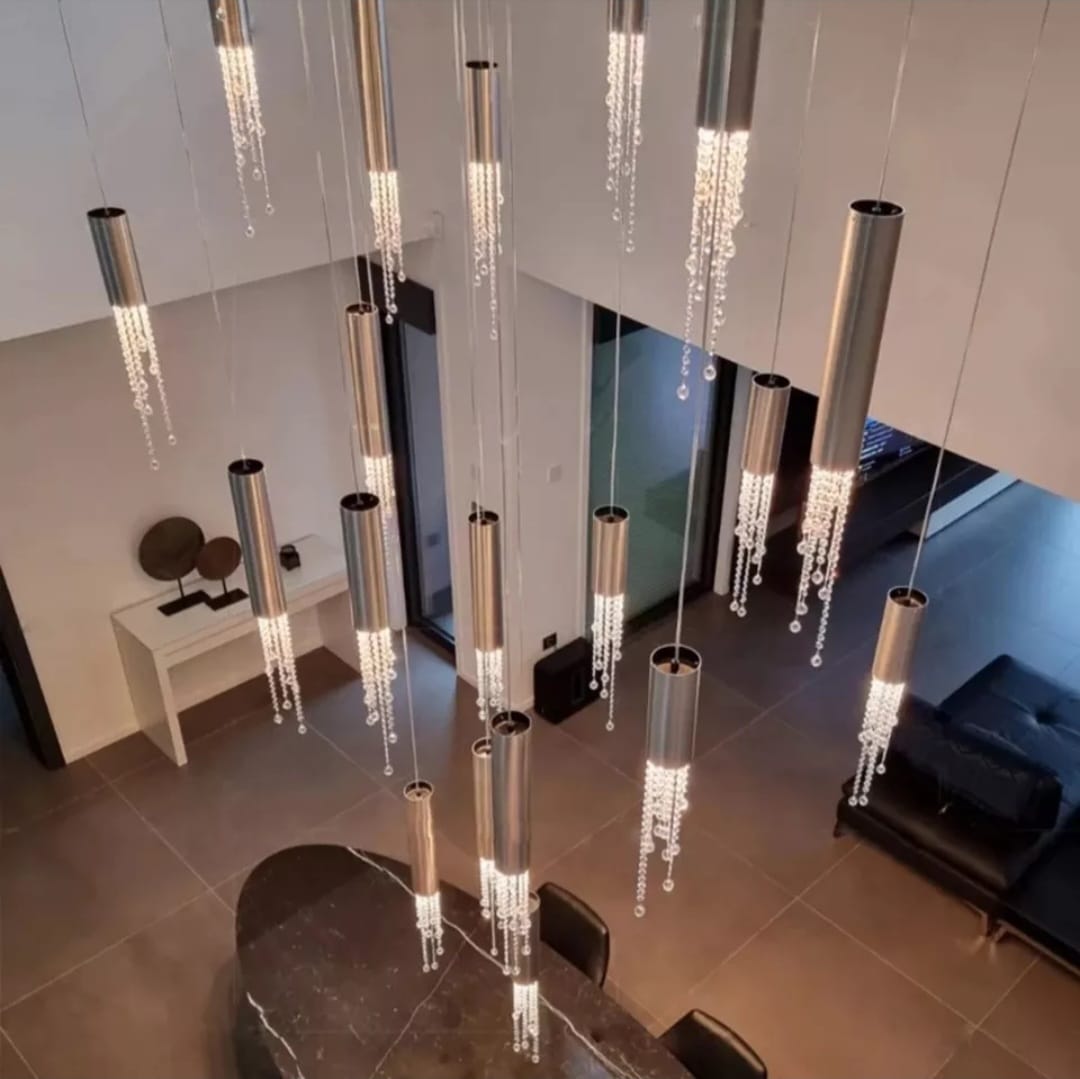 Hanging crystal light fixture for lobby, staircase, loft, lobby, stairwell