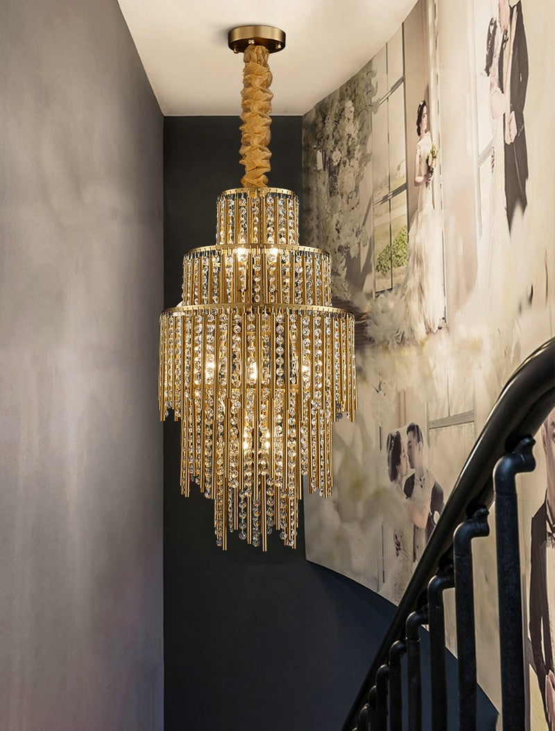 Gold staircase loft crystal hanging chandelier for living room, hall, lobby , stairwell
