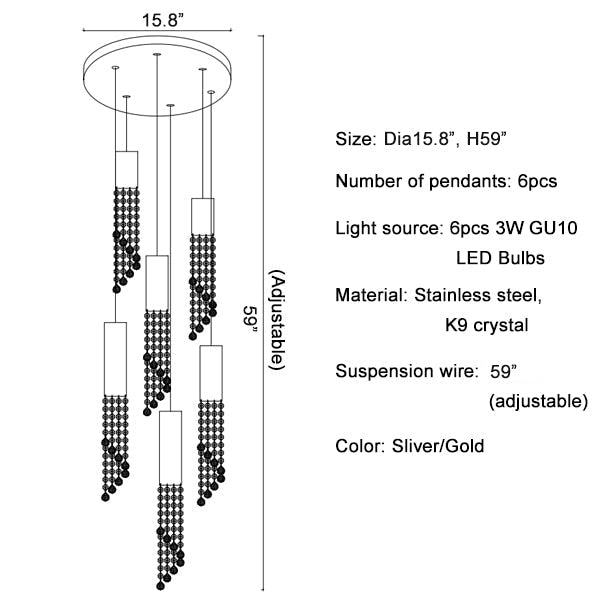 Hanging crystal light fixture for lobby, staircase, loft, lobby, stairwell