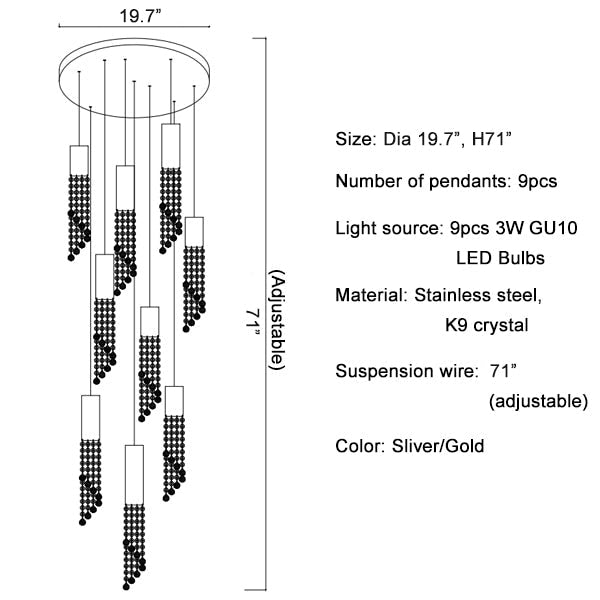 Hanging crystal light fixture for lobby, staircase, loft, lobby, stairwell