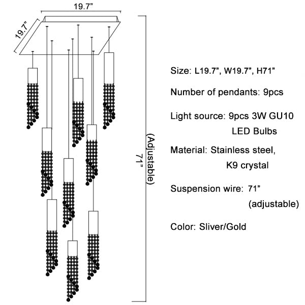 Hanging crystal light fixture for lobby, staircase, loft, lobby, stairwell