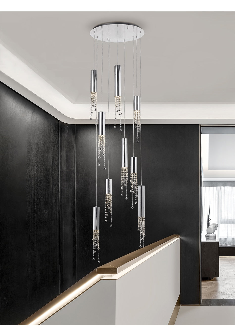 Hanging crystal light fixture for lobby, staircase, loft, lobby, stairwell
