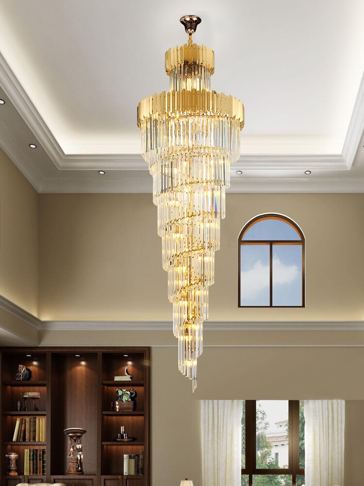 Luxury modern crystal chandelier for staircase, stairwell. Gold/chrome home decoration
