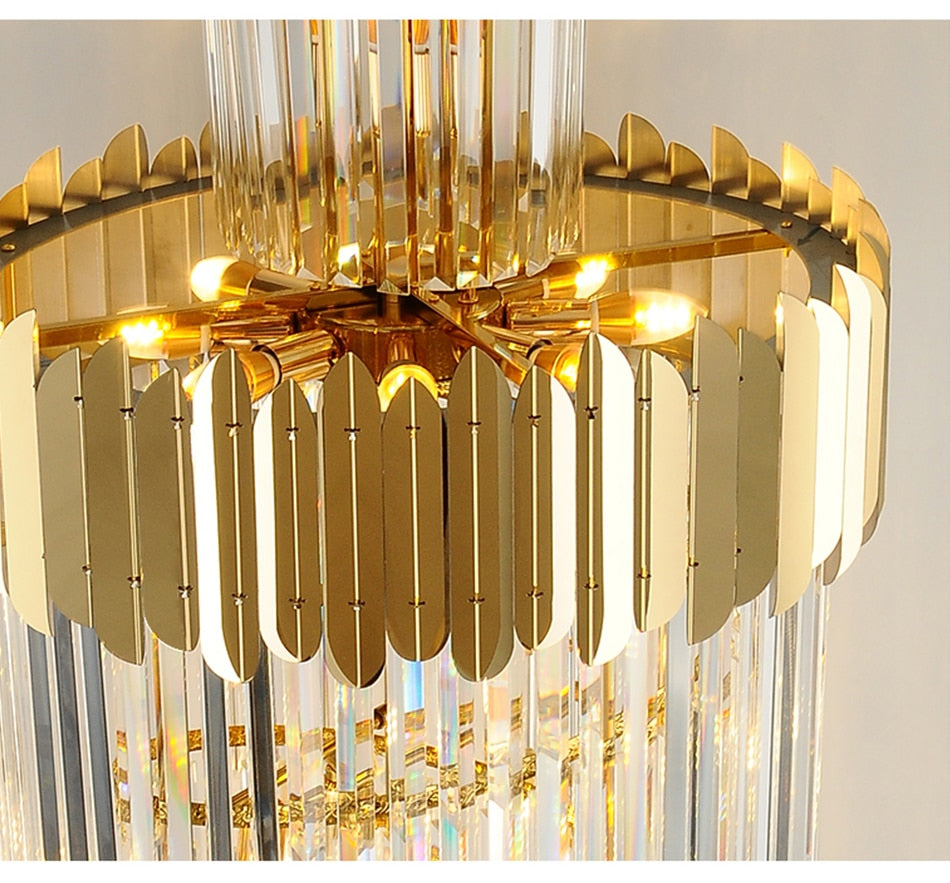 Luxury modern crystal chandelier for staircase, stairwell. Gold/chrome home decoration