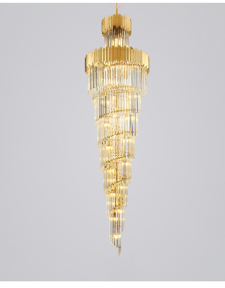 Luxury modern crystal chandelier for staircase, stairwell. Gold/chrome home decoration