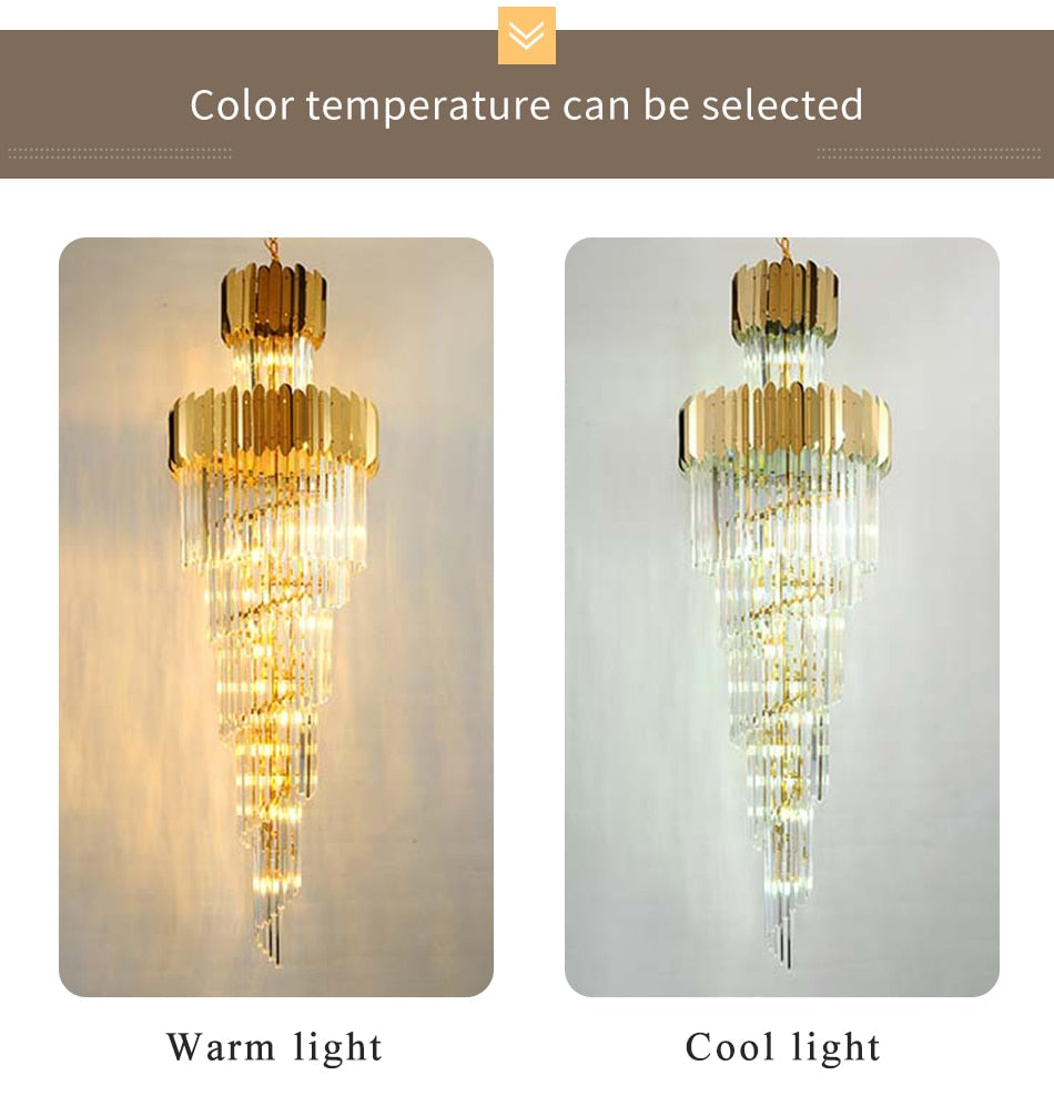 Luxury modern crystal chandelier for staircase, stairwell. Gold/chrome home decoration