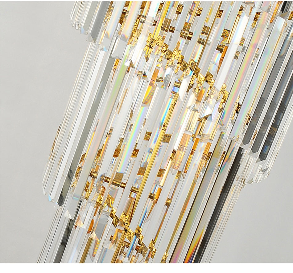 Luxury modern crystal chandelier for staircase, stairwell. Gold/chrome home decoration