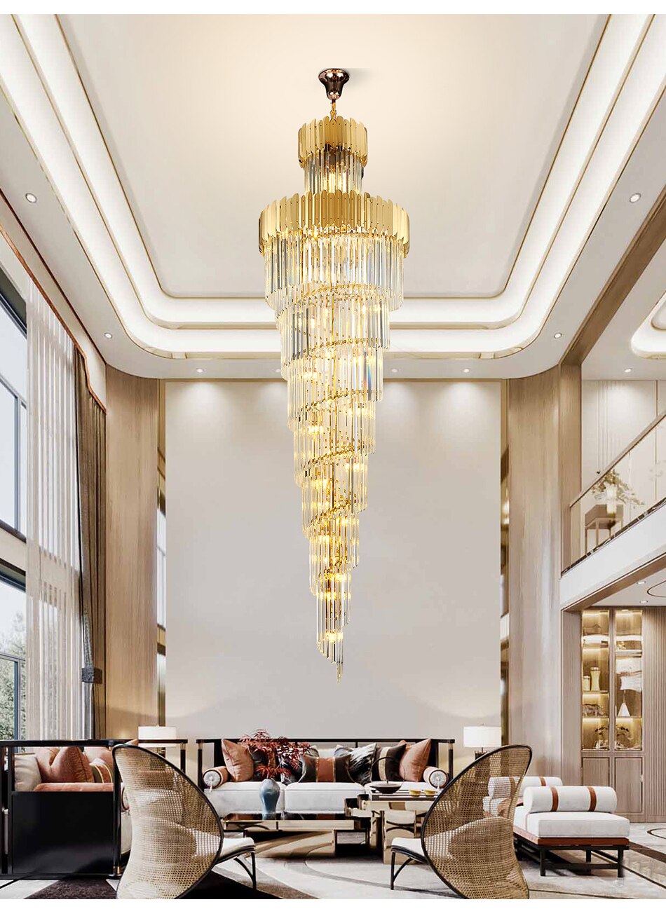 Luxury modern crystal chandelier for staircase, stairwell. Gold/chrome home decoration
