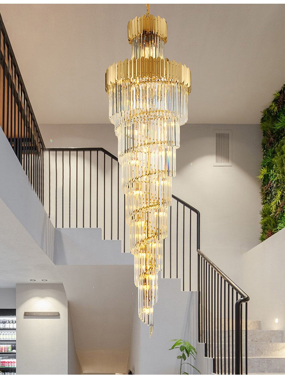 Luxury modern crystal chandelier for staircase, stairwell. Gold/chrome home decoration