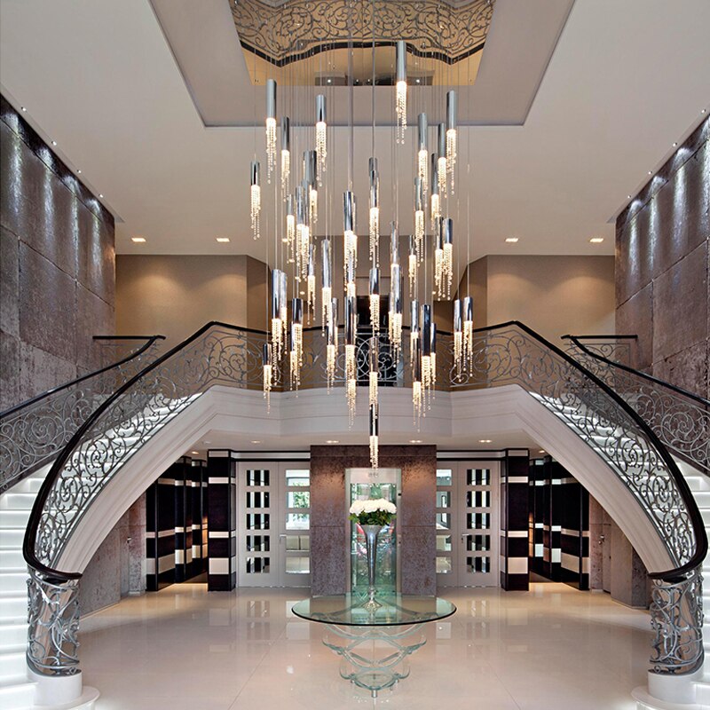 Hanging crystal light fixture for lobby, staircase, loft, lobby, stairwell
